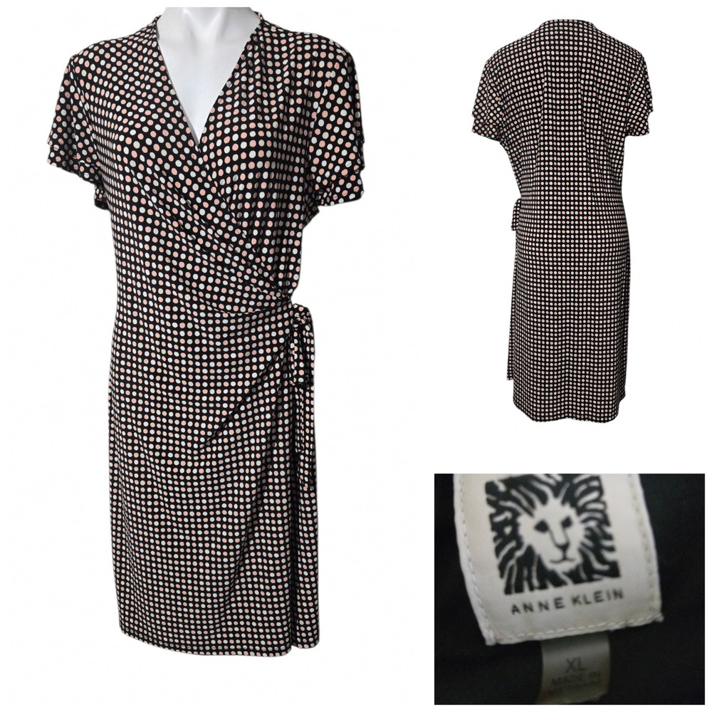 Anne Klein Pink White Polka Dot Faux Wrap Dress XL Black Short Sleeve V-Neck